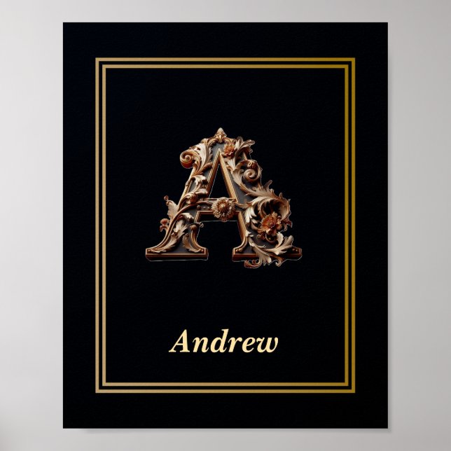 Affiche de monogramme de luxe lettre A baroque (Devant)