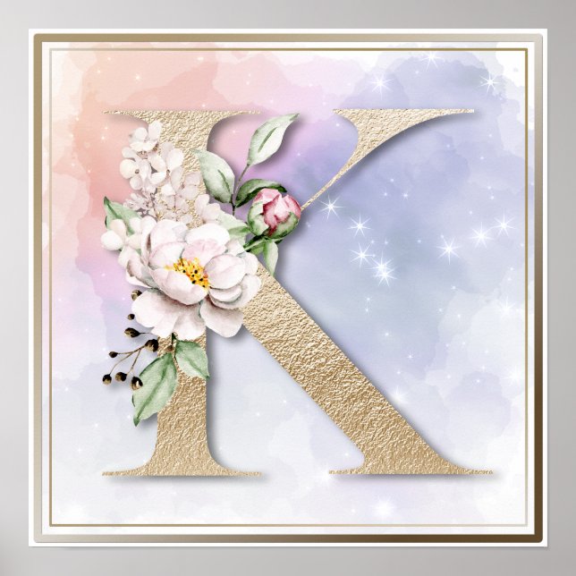 Affiche de monogramme K floral bordeaux (Devant)