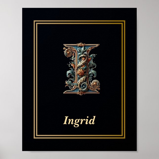 Affiche de monogramme lettre I baroque de luxe  (Devant)