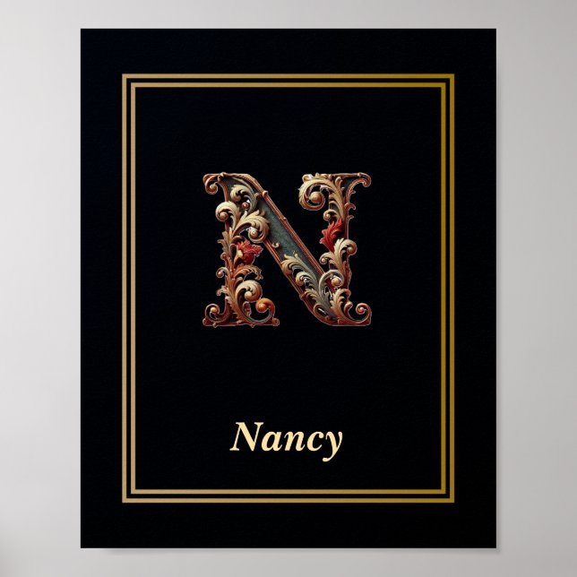Affiche de monogramme lettre N baroque de luxe  (Devant)