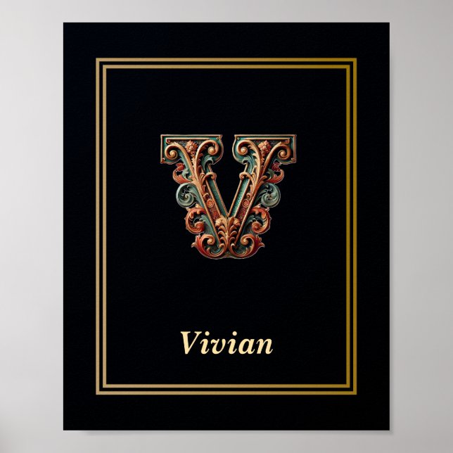 Affiche de monogramme lettre V baroque de luxe  (Devant)