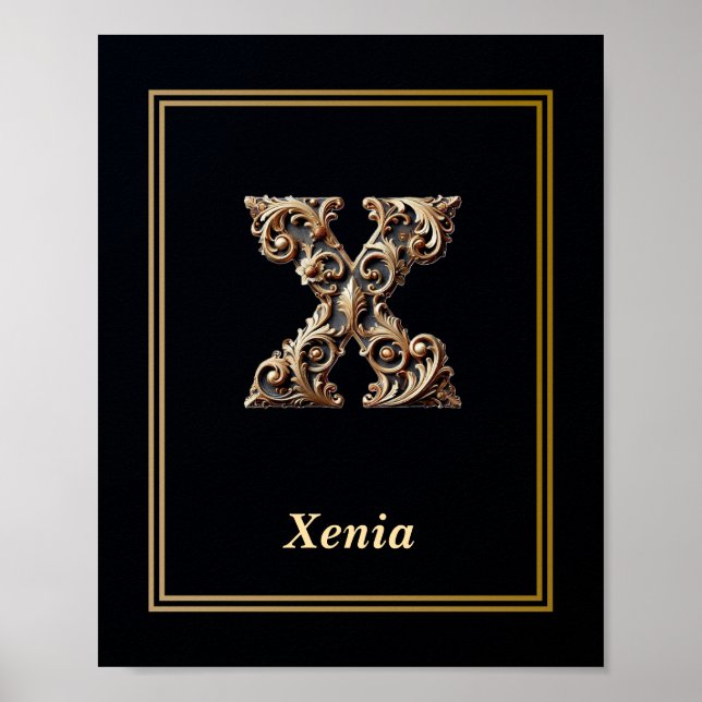 Affiche de monogramme lettre X baroque de luxe  (Devant)