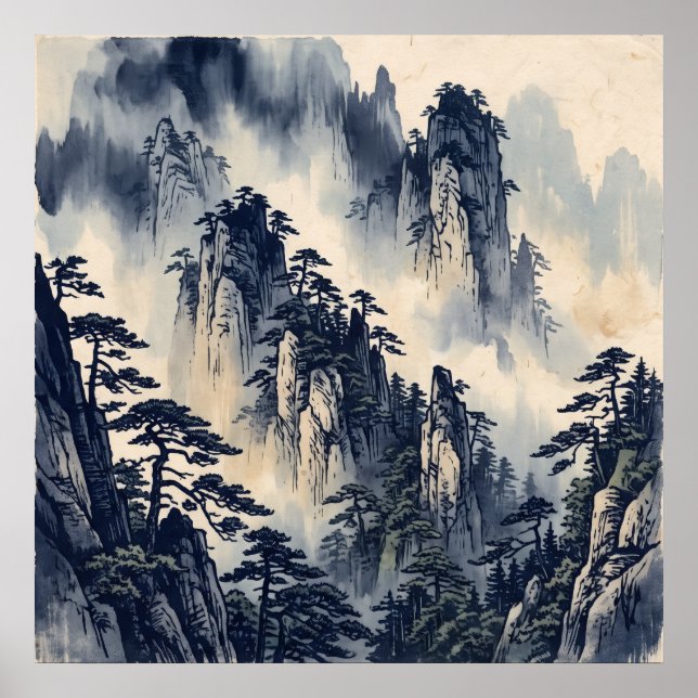 Affiche de montagne brumeuse à l'encre bleue (Devant)
