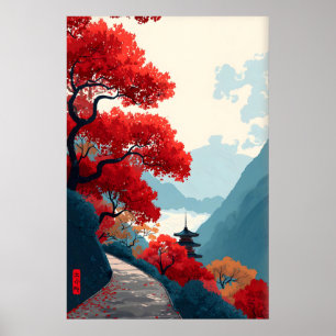Affiche de montagne Zen arbres à feuilles rouges, 