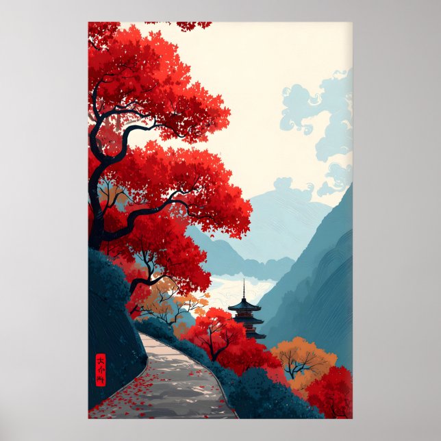 Affiche de montagne Zen arbres à feuilles rouges,  (Devant)