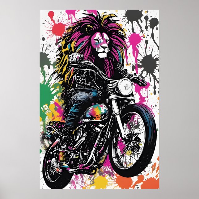 Affiche de motard lion gothique - Cadeau de décora (Devant)