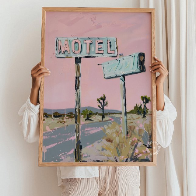 Affiche de motel sur route désertique (Motel Sign Desert Road Poster Print – Vintage Road Trip Wall Art, Retro Desert Landscape, Travel Aes)