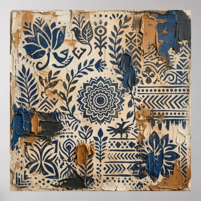 Affiche de motif folklorique Indigo Ochre (Devant)