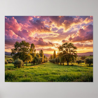Affiche de moutons paisibles paissant au coucher d