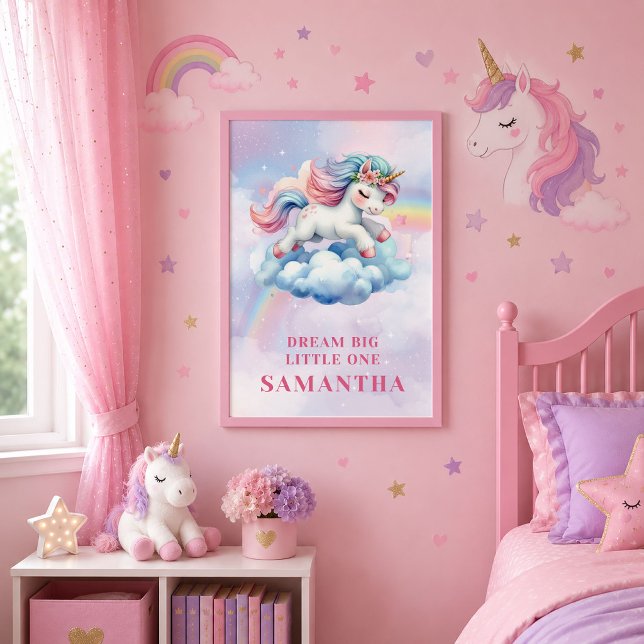 Affiche de mur d'anniversaire de fille licorne arc (Colorful Rainbow Unicorn Girl Birthday Wall Poster)
