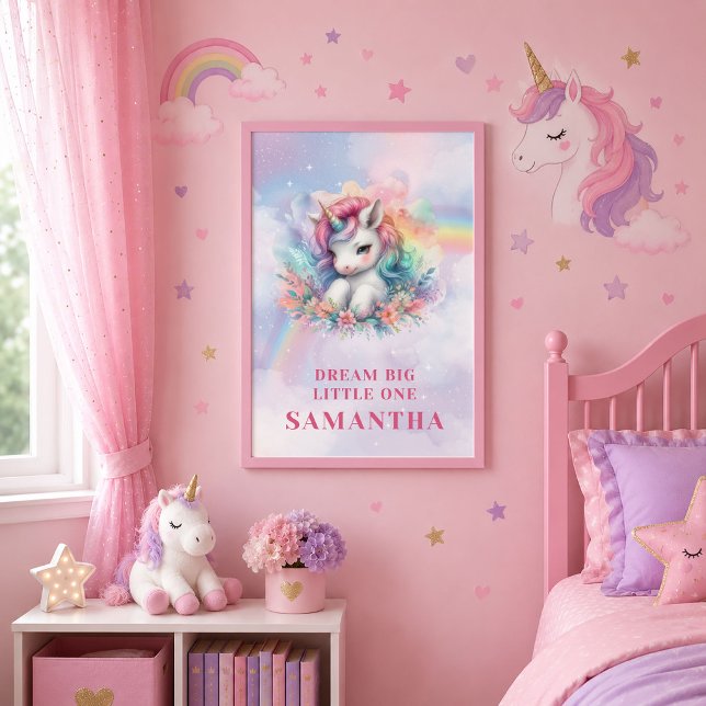 Affiche de mur d'anniversaire de licorne arc-en-ci (Whimsical Unicorn Rainbow Girl Birthday Wall Poster)