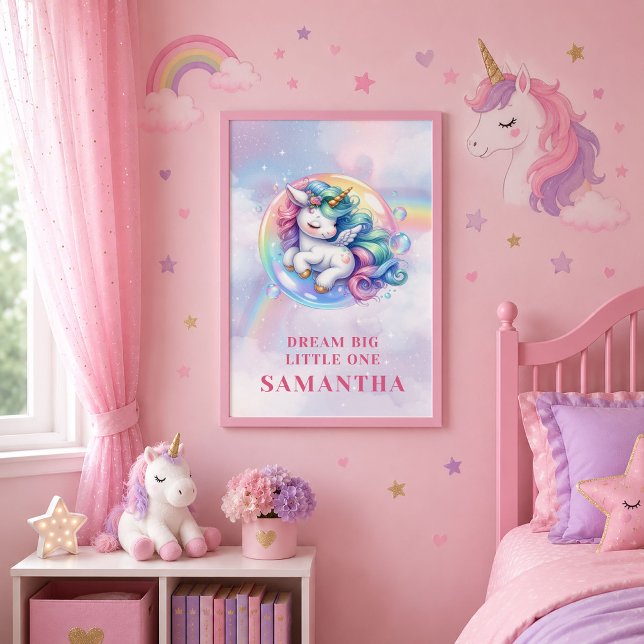 Affiche de mur d'anniversaire de licorne rose viol (Trendy Unicorn Pink Purple Girl Birthday Wall Poster)
