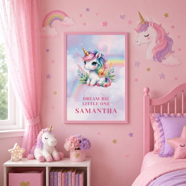 Affiche de mur d'anniversaire de licorne rose viol (Dreamy Unicorn Pink Purple Girl Birthday Wall Poster)