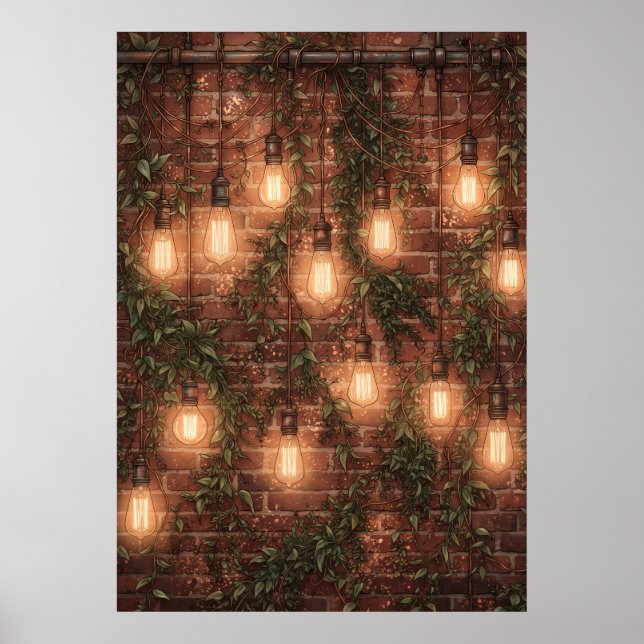 Affiche de mur de briques de lierre avec ampoules  (Devant)