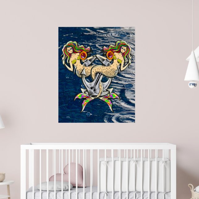 Affiche de mur de sirène nautique océanique liée (Pépinière 2)