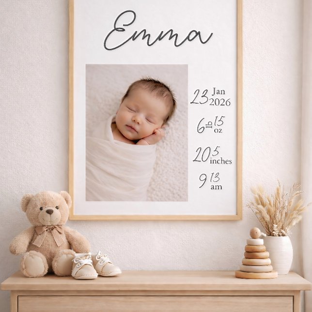 Affiche de naissance de bébé personnalisée minimal (Minimalist Personalized Baby Birth Poster Photo)