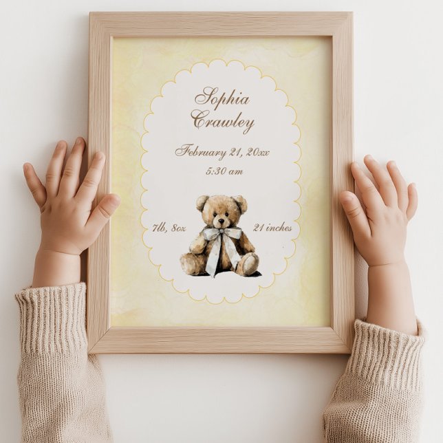 Affiche de naissance d'ours en peluche personnalis (Personalized Teddy Bear Birth Info Poster)