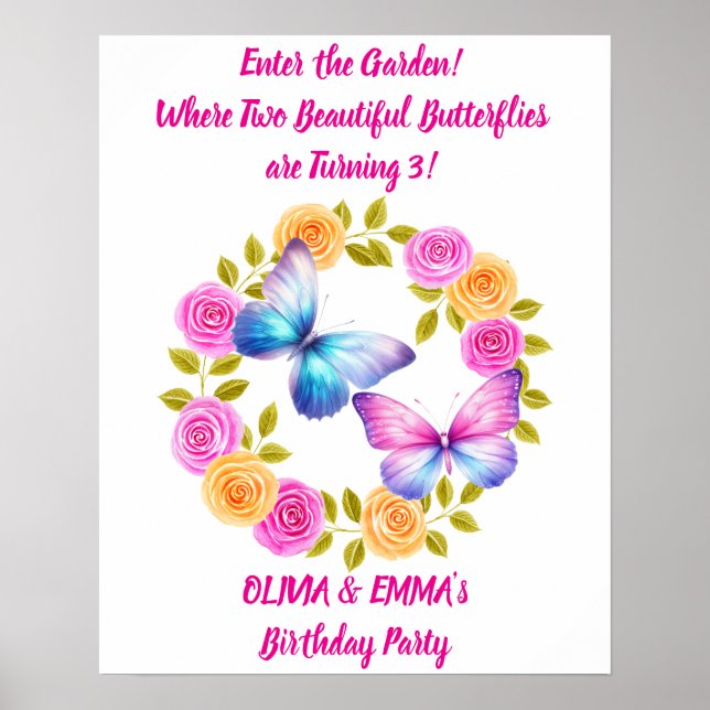 Affiche de naissance papillon pour jumelles éditab (Devant)