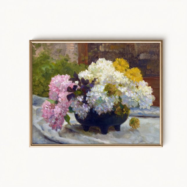Affiche de nature morte à l'hortensia antique (Antique Hydrangea Wall Art Poster - close-up view (frame/decor not included))
