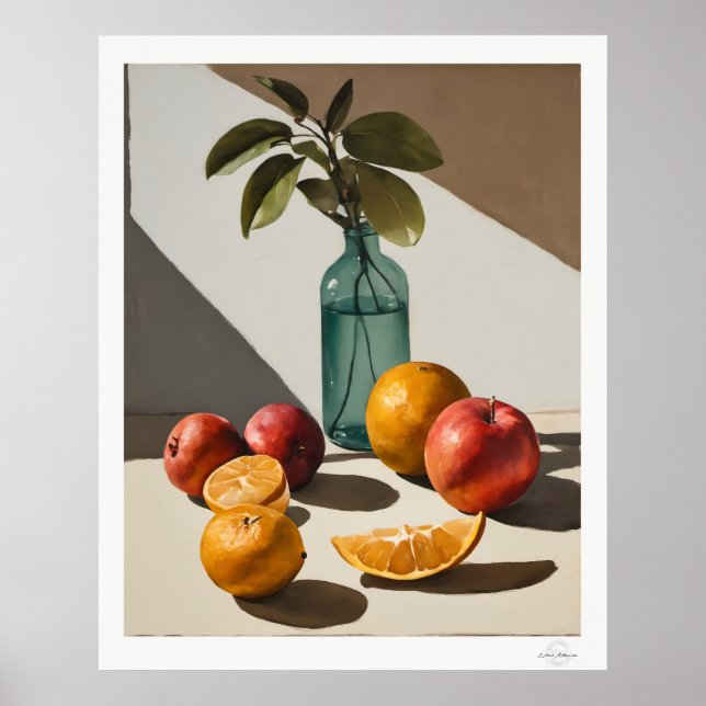 Affiche de nature morte de citrons avec bouteille  (Devant)