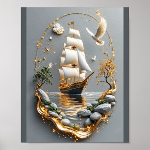 Affiche de navire nautique en or élégant - Art mur