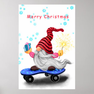 Affiche de Noël Cadeau Patineur Gnome avec Cadeaux