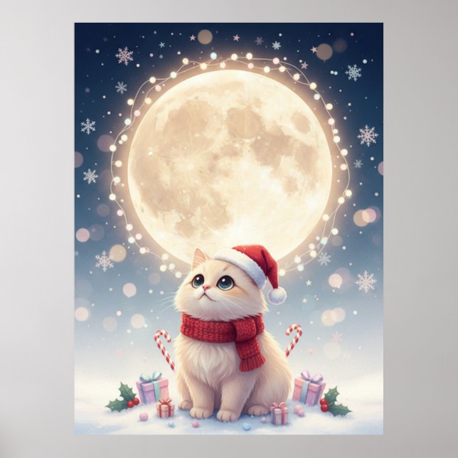 Affiche de Noël de chat mignon Kawaii avec lune (Devant)