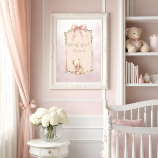 Affiche de nom de nounours rose pour la nurserie