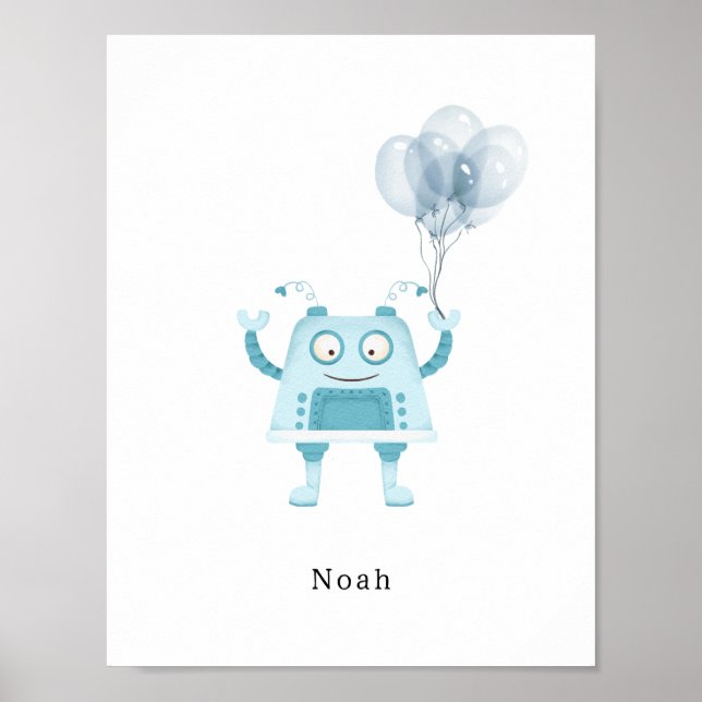 Affiche de nom de robot aquarelle bleue avec ballo (Devant)