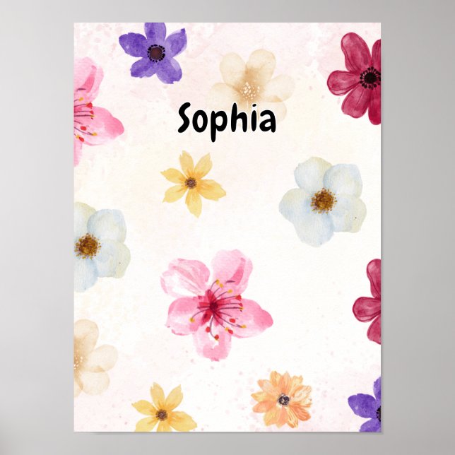 Affiche de nom floral personnalisée à l'aquarelle  (Devant)