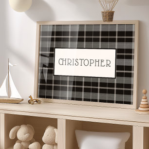 Affiche de nom personnalisé Plaid gris noir Garçon