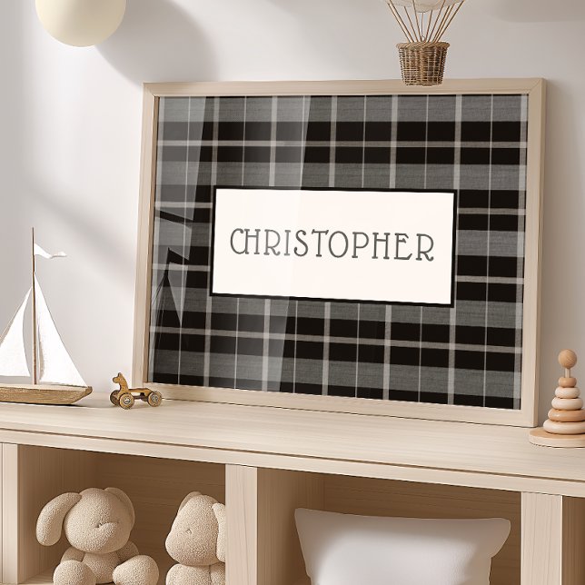Affiche de nom personnalisé Plaid gris noir Garçon (Créateur téléchargé)