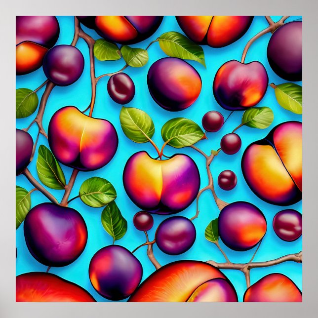 Affiche de nombreuses peintures de fruits de prune (Devant)
