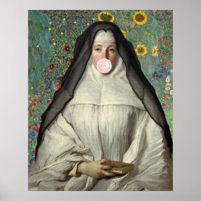 Affiche de nonne soufflant un bubble gum rose (Devant)