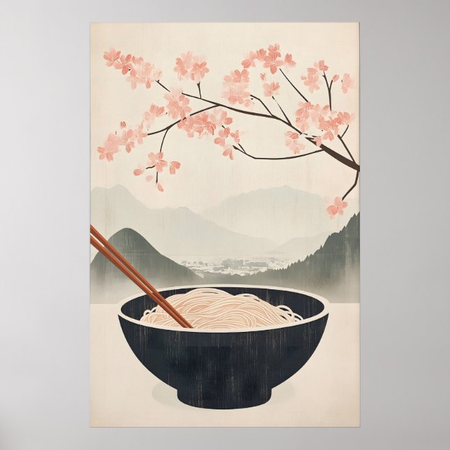 Affiche de nouilles soba japonaises avec cerisier  (Devant)