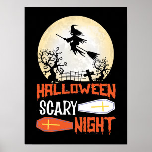 Affiche de nuit d'Halloween sorcière volante effra