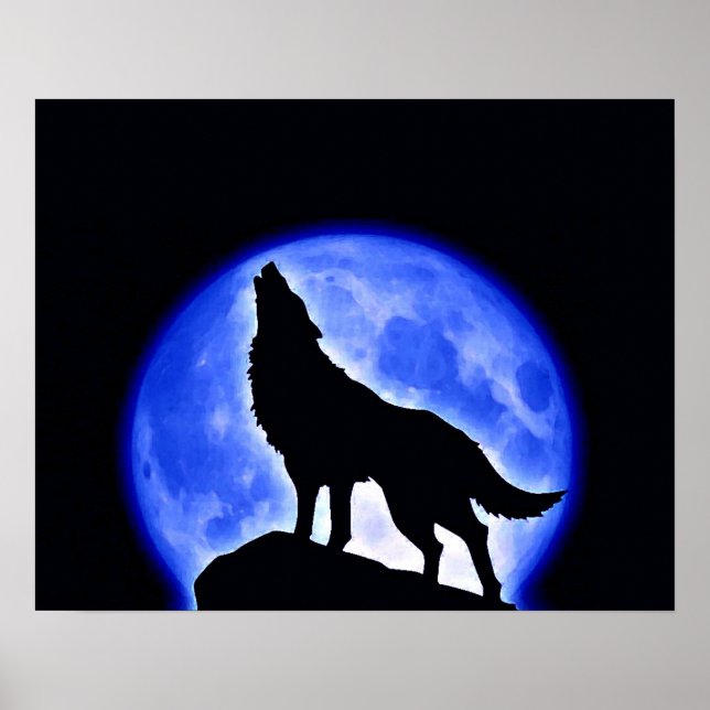 Affiche de nuit Wolf Howling Blue Pleine lune (Devant)