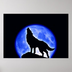 Affiche de nuit Wolf Howling Blue Pleine lune
