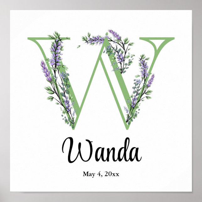 Affiche de nurserie à monogramme W Lavande Eucalyp (Devant)