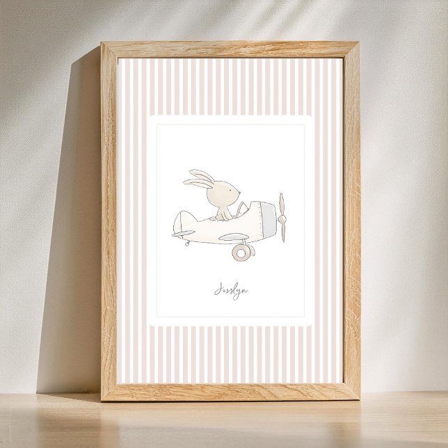 Affiche de nurserie à nom personnalisable - Lapin  (Customizable Name Nursery Poster with Cute Bunny Pilot in Airplane.)