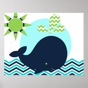 Affiche de nurserie baleine bleu, vert citron et m