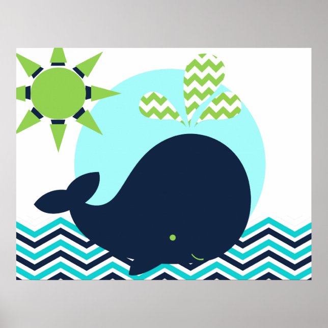 Affiche de nurserie baleine bleu, vert citron et m (Devant)