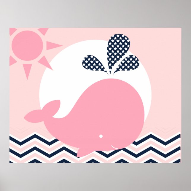 Affiche de nurserie baleine rose et marine (Devant)