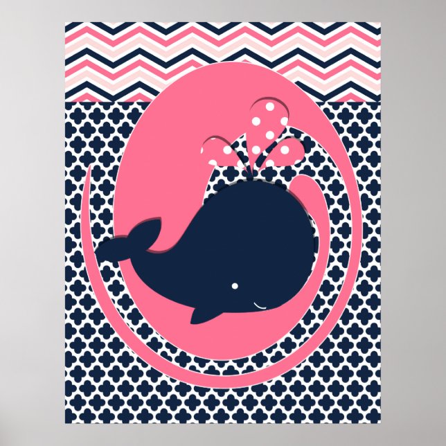 Affiche de nurserie baleine rose et marine (Devant)