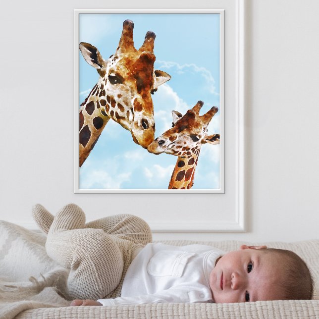 Affiche de nurserie de girafes mignonnes (Adorable poster featuring a watercolor illustration of a giraffe mom and baby)