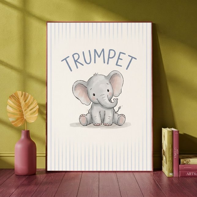Affiche de nurserie Éléphant Bébé Rayures Bleues (Créateur téléchargé)