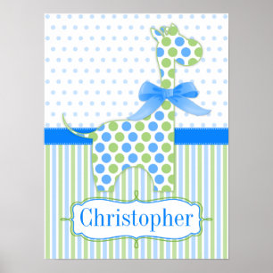 Affiche de nurserie girafe à pois bleus et verts