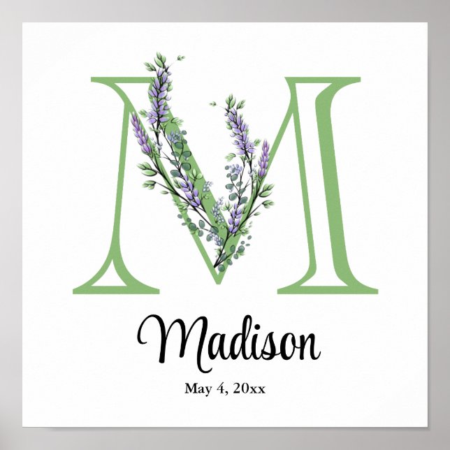 Affiche de nurserie Monogram M Lavande Eucalyptus (Devant)