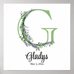 Affiche de nurserie Monogramme G Lavande Eucalyptu