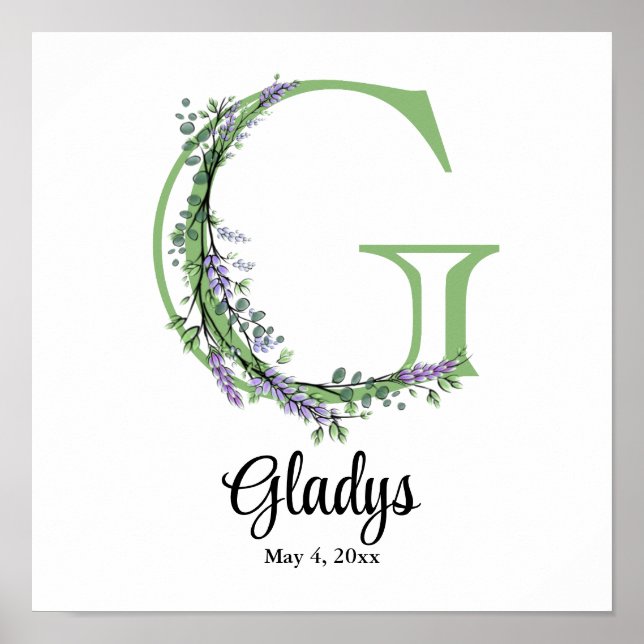 Affiche de nurserie Monogramme G Lavande Eucalyptu (Devant)